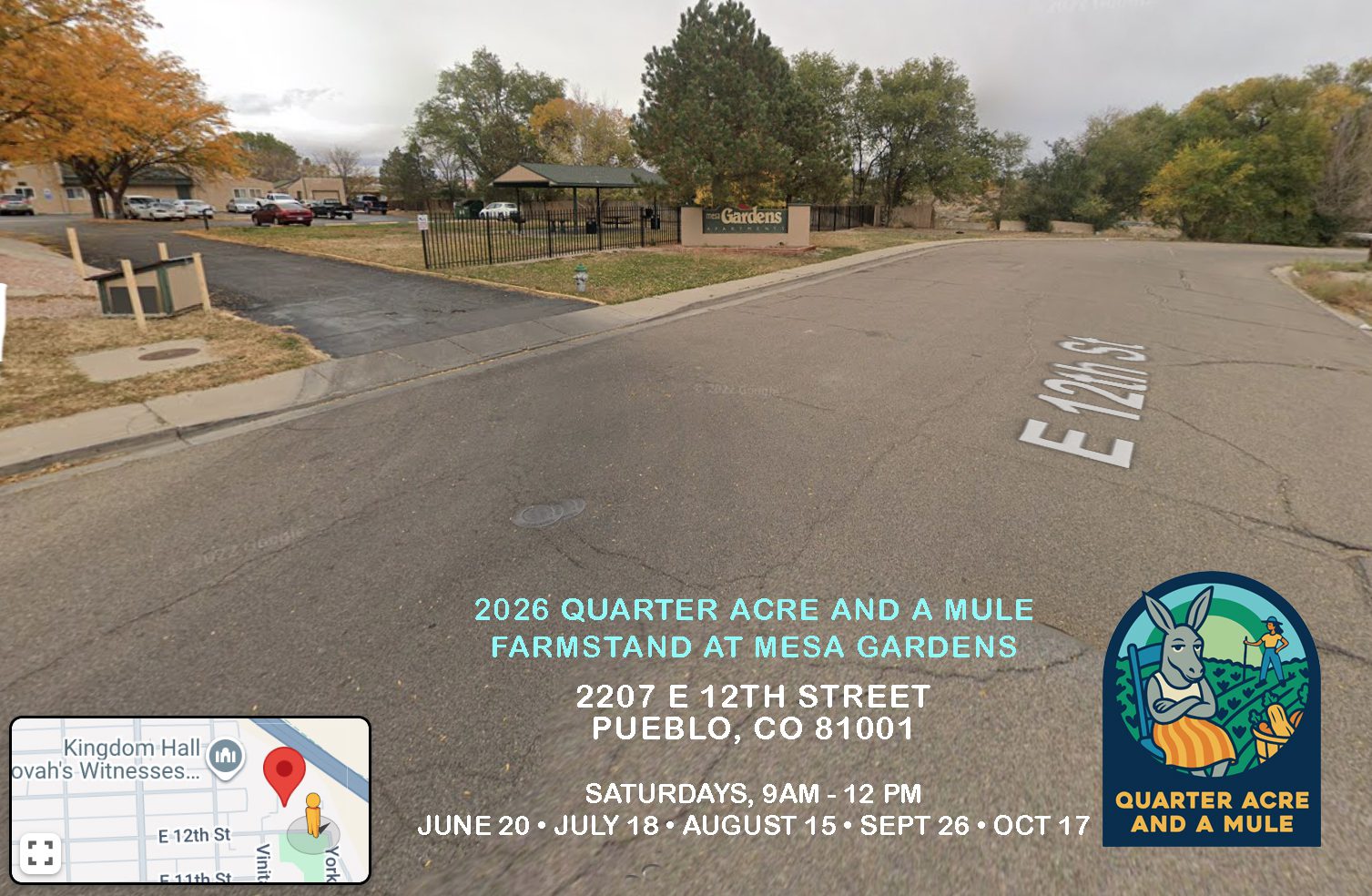 2026 Quarter Acre and a Mule Farmstand at Mesa Gardens | 2207 E 12th Street Pueblo, CO 81001 | Saturdays, 9am - 12 pm: June 20 • July 18 • August 15 • Sept 26 • Oct 17